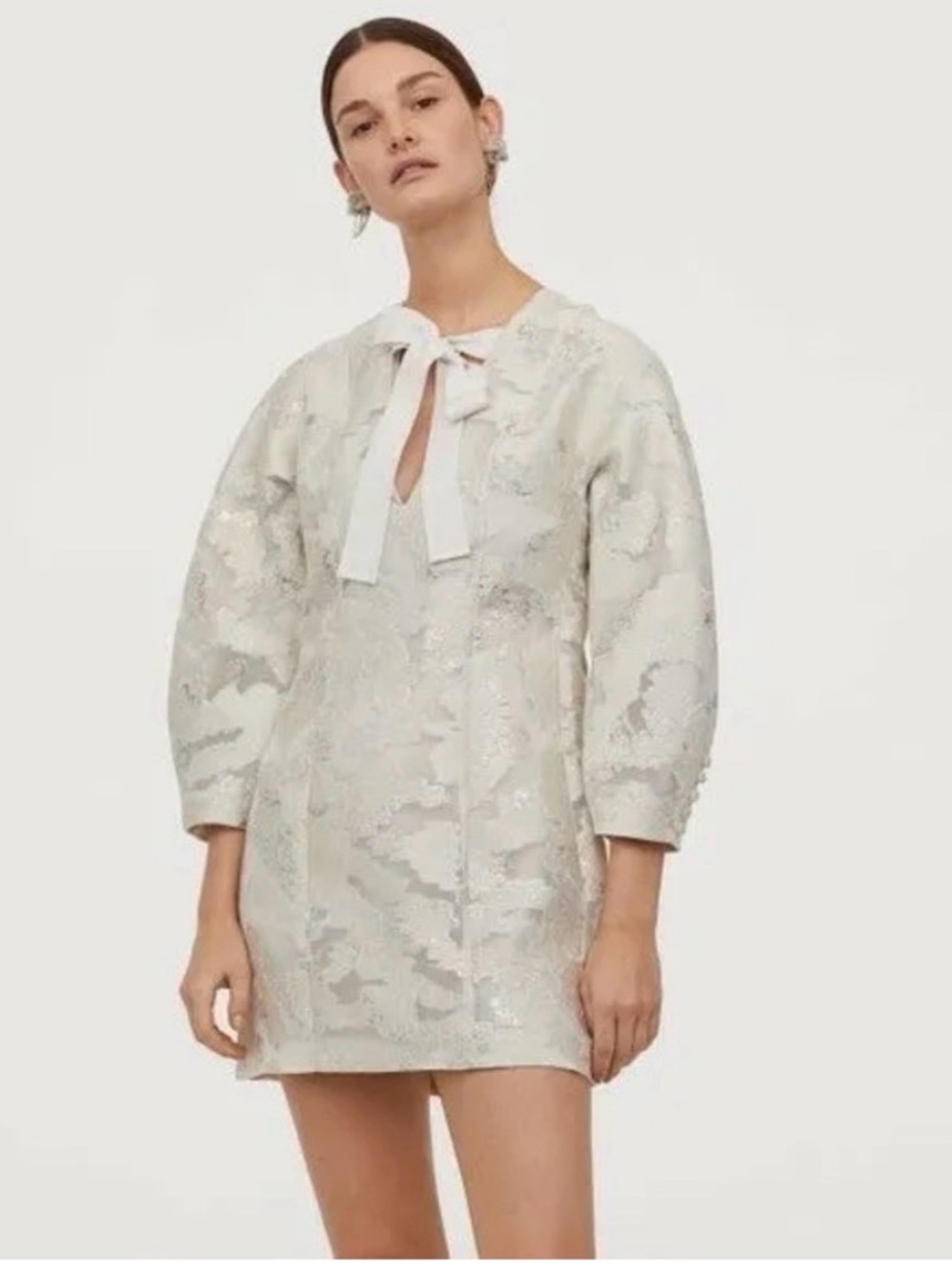 Ivory Brocade Mini Dress with Tie Neck